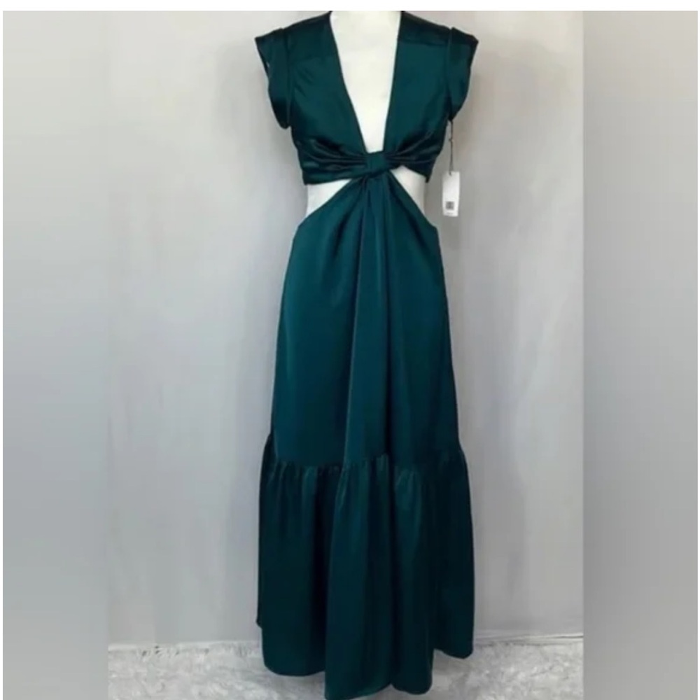 Jason Wu Midi Dress Teal Green Plunge Neck Cut Out Waist Satin Cap Sleeve XS
